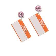Delight Jewelry Acrylic Orange "Hello" Name Tag Crystal Clip On Earrings - kristal merah muda - View 2