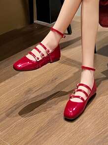 Damen Lack-Leder Mary Jane Ballerinas in Rot, Schuhe mit quadratischer Kappe, 4 Riemen, Schnalle, Lässig, Komfortabel, niedriges Design, Große Größen, Frühlings- und Herbststil