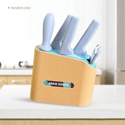 兒童嬉戲廚房玩具套裝，兒童烹飪配件，學齡前烹飪玩具套裝，角色扮演廚房玩具，兒童切割工具，兒童節/生日教育學習禮物，7件套裝（隨機顏色），包含小麥稈刀、砧板、刀架