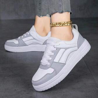 女士時尚簡約高幫透氣潮流防滑純色平底運動休閒鞋，適用於戶外運動休閒