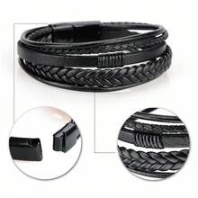 1pc Men's Bracelet, Fashionable Leather Cord, PU Leather Material, Handmade Braided, Christmas, New Year, Valentine's Day Gifts - Brown - View 4