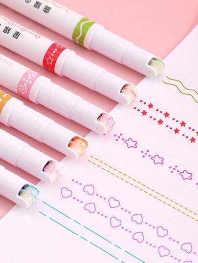 6pcs Wave & Curve Design Journal Marker Pens, Suitable For Journal And Drawing Back To School