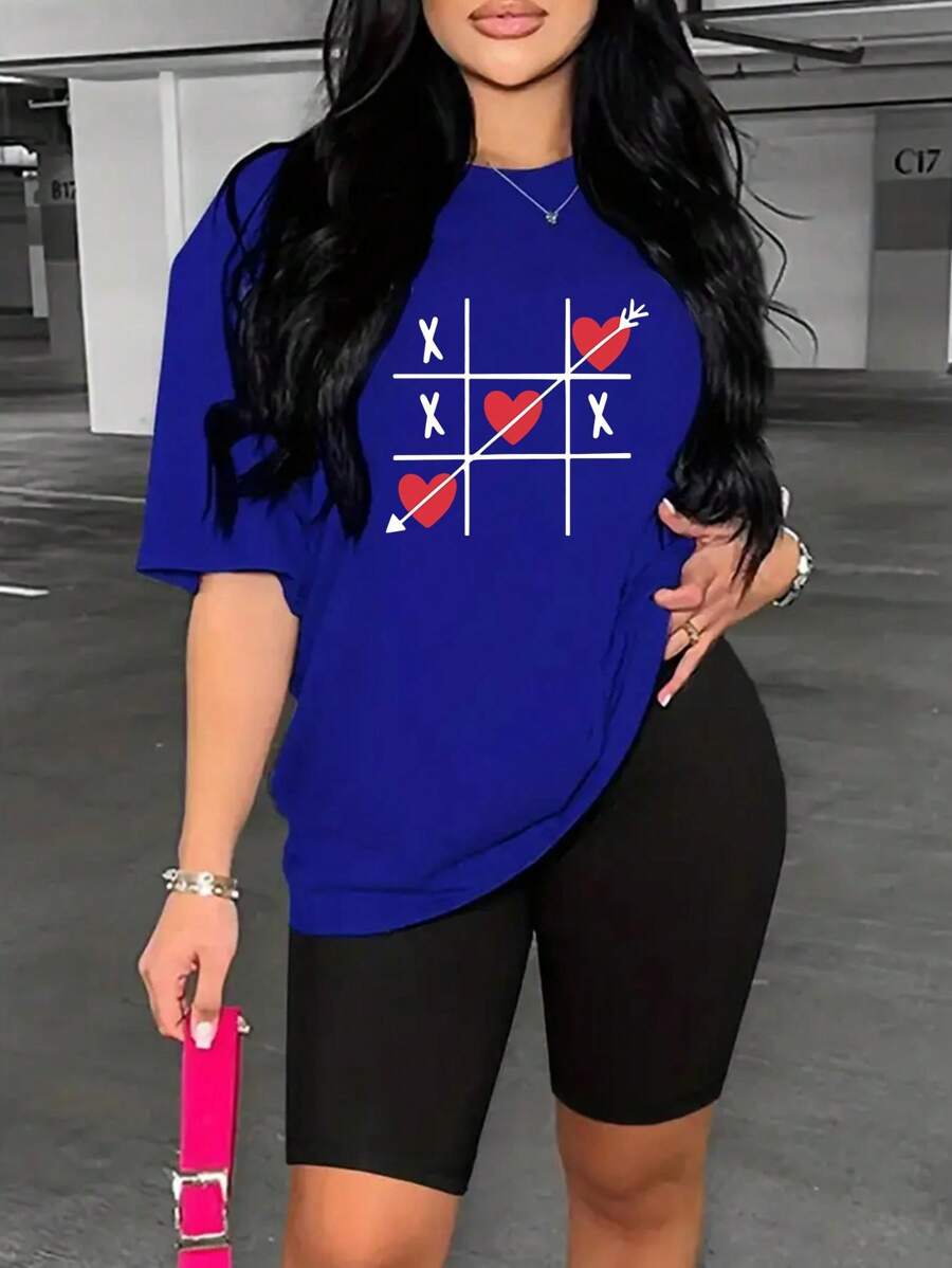 1set Women's Casual Heart Grid Print Short Sleeve Sports Set - Blue - View 1