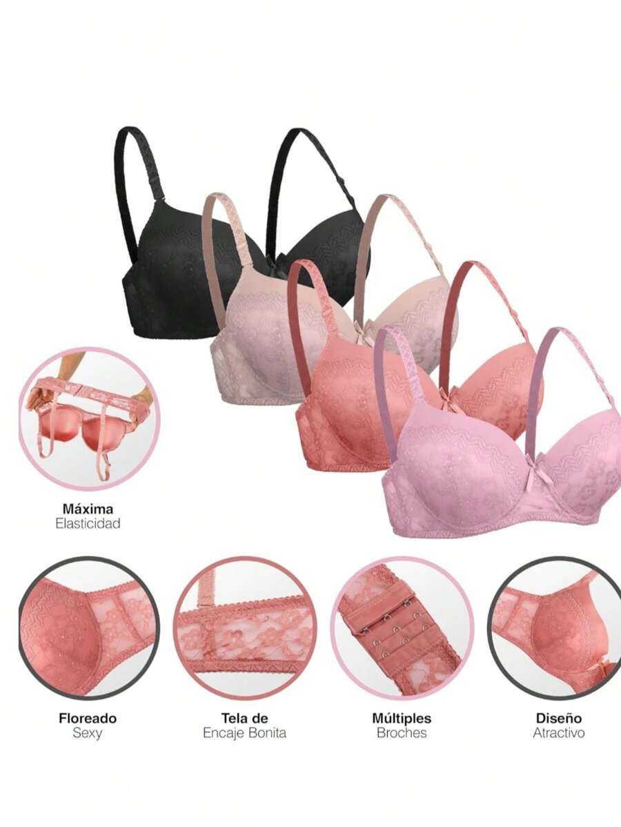 3 piezas de Brasier copa C Para mujer sexy Sosten con encaje Elegante Sujetador Sexy colores al azar - Multicolor - Ver 1