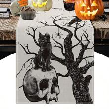 Camino de mesa de Halloween, cráneo retro, gato negro, telaraña, esqueleto de rosa, decoración de mesa de cocina y comedor, mantel de mesa de fantasma de Halloween adecuado para suministros de fiesta en interiores y exteriores, mejores regalos