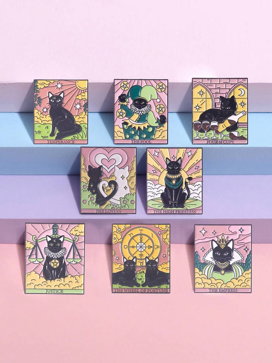 1 szt. Śliczne kreatywne Tarot słońce i księżyc kompas seria czarny kot metalowa emaliowana plakietka broszka bankiet odzież na co dzień jako prezent dla przyjaciół - Wielokolorowe - Zobacz 1