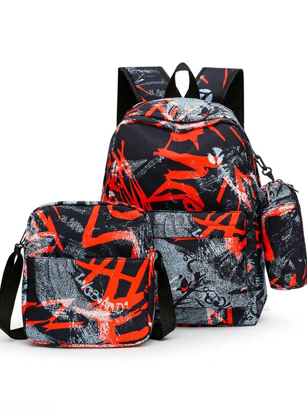 Three Pieces Set Backpack With Lunch Box & Pencil Case, Dirt Resistant Ultra Lightweight Large Capacity Backpack For Teen Boys, Backpack Set, Travel Junior High School Campus Backpack