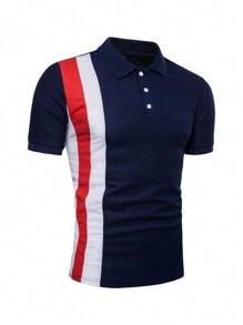 MURAMASA Playera Hombre Tipo Polo Manga corta Moda Franjas - Azul Marino - Ver 3