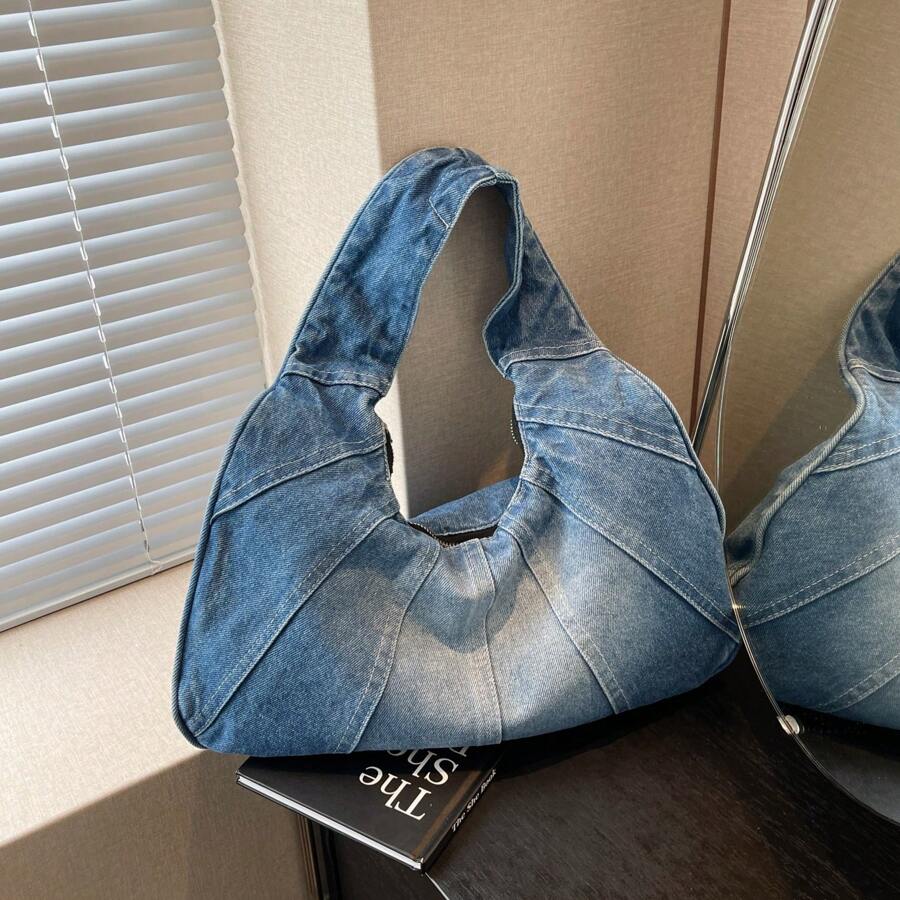Tote Wandering Bag Denim Shoulder Bag - Stylish, Durable, And Spacious Underarm Bag For Women, Perfect For Daily Use And Shopping - 淺藍色 - 查看 1