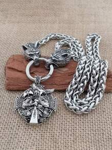 Nordic  Head Pendant Necklace, Vintage Crow Odin Battle Axe Necklace, Men's Fashionable Exaggerated Necklace, Antique Viking Talisman From Norway, Party Accessories And Gifts - Silver - View 10