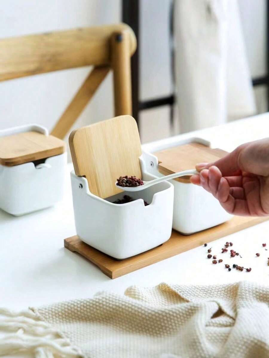 1pc Creative White Ceramic Bamboo Wood Seasoning Box Spices Salt MSG Chili Storage Container - White - View 1