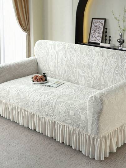 1pc Jacquard Skirt Style Stretch Sofa Cover, Dust-Proof And Stain-Resistant Elastic Full Coverage Sofa Protector, Living Room Home Decor, Machine Washable