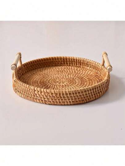 1pc Handwoven Fruit Basket Willow Wicker Bread Basket With Handle, Japanese Style, For Home Storage, Living Room Decor Or Serving Tray,Metal Frame Garden Planters, Modern Bohemian Rope Hanging Baskets, Natural Mix Rattan Accents For Coastal Vibes Patio Decor