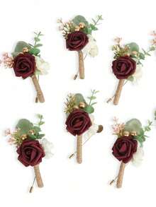 8 Pcs Rose Boutonniere For Men Wedding With Pins Groom And Groomsmen Artificial Flower Boutonniere For Wedding Ceremony Anniversary Formal Dinner Party Prom Flowers, Party Decor Supplies - 酒紅色 - 查看 3