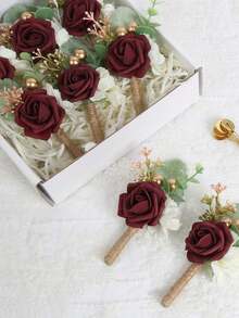 8 Pcs Rose Boutonniere For Men Wedding With Pins Groom And Groomsmen Artificial Flower Boutonniere For Wedding Ceremony Anniversary Formal Dinner Party Prom Flowers, Party Decor Supplies - 酒紅色 - 查看 5