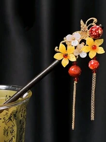 1入組紅色流蘇及珠花髮簪，木質髮夾，傳統漢服髮飾，女性夏季髮型配件，送禮給她的好禮物 - 彩色 - 查看 4