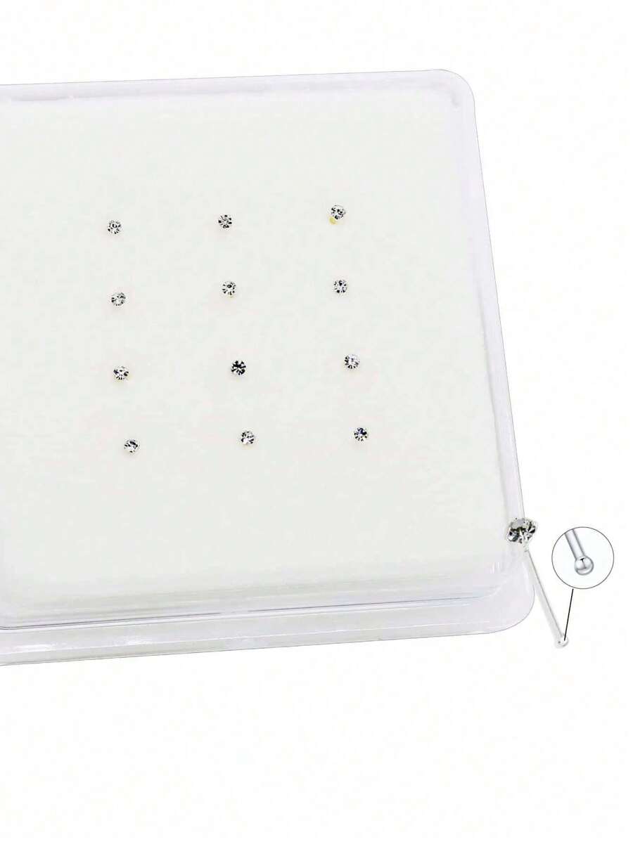 12pcs Mini 925 Silver 1.5mm Four-Claw Silver Nose Pin With Ball, Perfect Gift For Women/Girls/Girlfriend - Silver - View 1