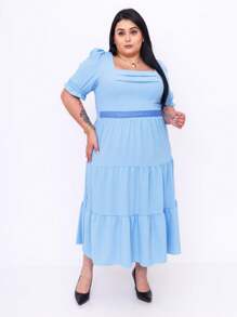 Vestido midi luxo plus size duna com renda na cintura manga curto - Azul bebê - Visão 1