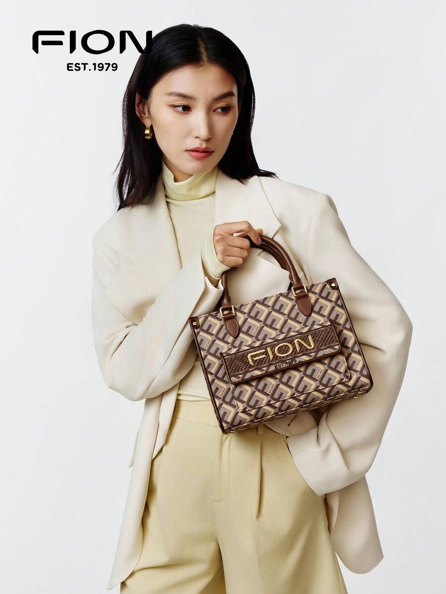 FION Large Capacity Tote Jacquard With Leather Women's Handbag  Color Oil Painting Crossbody Bag FAAFAMV002BRNCMLZZ