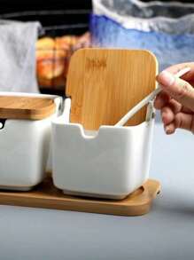 1pc Creative White Ceramic Bamboo Wood Seasoning Box Spices Salt MSG Chili Storage Container - White - View 2