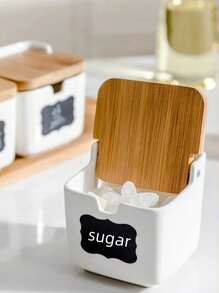 1pc Creative White Ceramic Bamboo Wood Seasoning Box Spices Salt MSG Chili Storage Container - White - View 8