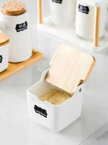 1pc Creative White Ceramic Bamboo Wood Seasoning Box Spices Salt MSG Chili Storage Container - White - View 7