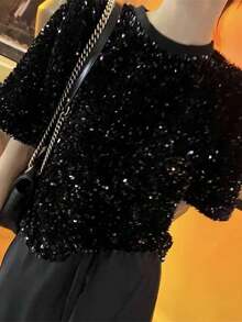 LA PRINCESA Blusa de manga corta con lentejuelas para mujer, cuello redondo con purpurina brillante, para verano, discoteca, fiesta, túnica - Negro - Ver 3