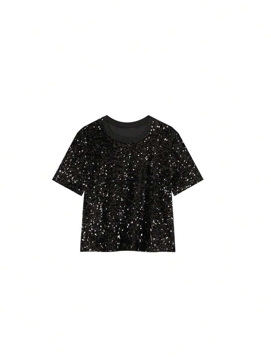 LA PRINCESA Blusa de manga corta con lentejuelas para mujer, cuello redondo con purpurina brillante, para verano, discoteca, fiesta, túnica - Negro - Ver 1
