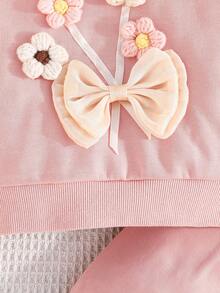 Conjunto de 2 piezas para bebé niña, sudadera con cuello redondo linda y sencilla con decoración de ramo de flores y pantalones de unicolor, para primavera y otoño - Rosa - Ver 6
