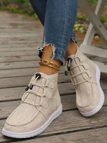 Women's Soft Lightweight Ankle Boots, Breathable Casual High-Top Shoes For Spring And Autumn, Versatile Ladies' Athletic Shoes, Round-Toe Slip-On Solid Color Canvas Sneakers - Beige - View 2