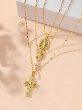 3pcs Fashionable Debossed European-Style  Copper Zirconia Studded Virgin Mary Necklace Set, With Cross Pendant, Multi-Layered, For Women, Ideal For Parties, Festivals, And Daily Wear