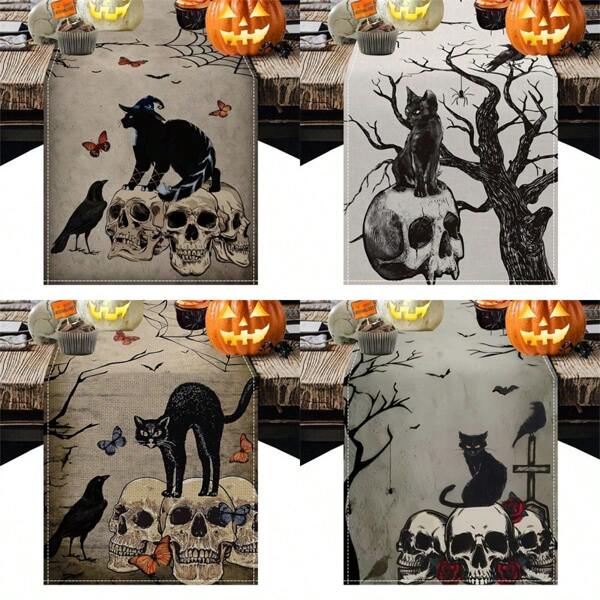 Camino de mesa de Halloween, cráneo retro, gato negro, telaraña, esqueleto de rosa, decoración de mesa de cocina y comedor, mantel de mesa de fantasma de Halloween adecuado para suministros de fiesta en interiores y exteriores, mejores regalos