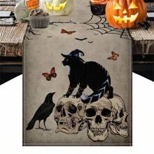 Camino de mesa de Halloween, cráneo retro, gato negro, telaraña, esqueleto de rosa, decoración de mesa de cocina y comedor, mantel de mesa de fantasma de Halloween adecuado para suministros de fiesta en interiores y exteriores, mejores regalos