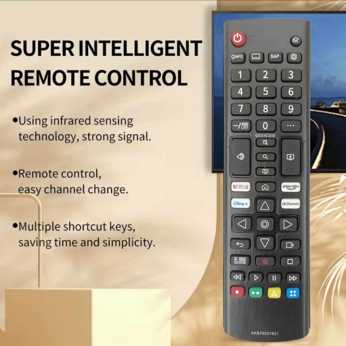 AKB 76037601 适用于  电视遥控器，适用于  UHD OLED QNED NanoCell 4K 8K 智能电视，带 Prime Video、 频道按钮 - 黑色 - 查看 1