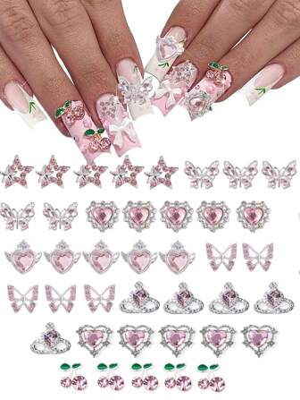 40Pcs Butterfly Star Heart Nail Charms, Glitter Silver Star Nail Gems For Acrylic Nails Supplies Heart Nail Crystal With Pink Rhinestones Y2K Nail Jewelry Accessories For Women DIY Nail Decorations