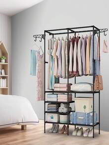 Metal Clothes Organizer, Free Standing Clothes Rack Closet, Simple Clothes Rack, Clothes Rack Can Store Clothes, Hat, Shoe - Black - View 3