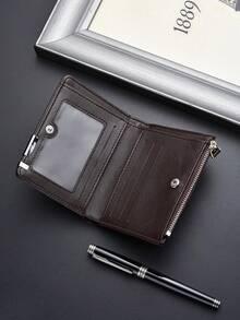 SHABILI 1 Ví ngắn có khóa góc kết cấu xếp li màu trơn với chất liệu PU, nhiều khe cắm thẻ và khóa kéo, phong cách cổ điển, thích hợp cho nam giới, thanh niên, sinh viên, đi làm, hẹn hò và tặng quà - Rỉ Nâu - Xem 4