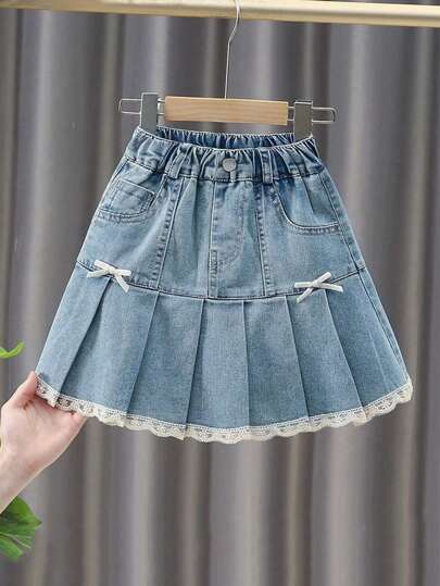 Tween Girl Denim Skirt, Lace Bow Cake Skirt, Fashionable And Versatile
