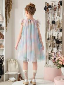 Young Girl 1pc BSand-Colored Rainbow Ombre Flared Dress With Puff Sleeves And 3D Flower Accents, Tulle Princess Dress