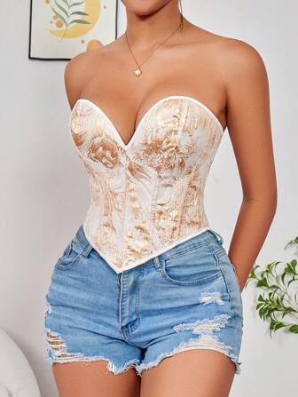 1pc Gold Corset Tops For Women Strapless Lace Up Boned Sweetheart Neck Bodyshaper Bustier Sexy Crop Top, Suitable For Wearing With A Dress