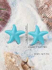 1pair Simple Metal Starfish Stud Earrings, Oceanic Style - Blue - View 4