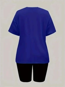 1set Women's Casual Heart Grid Print Short Sleeve Sports Set - Blue - View 2