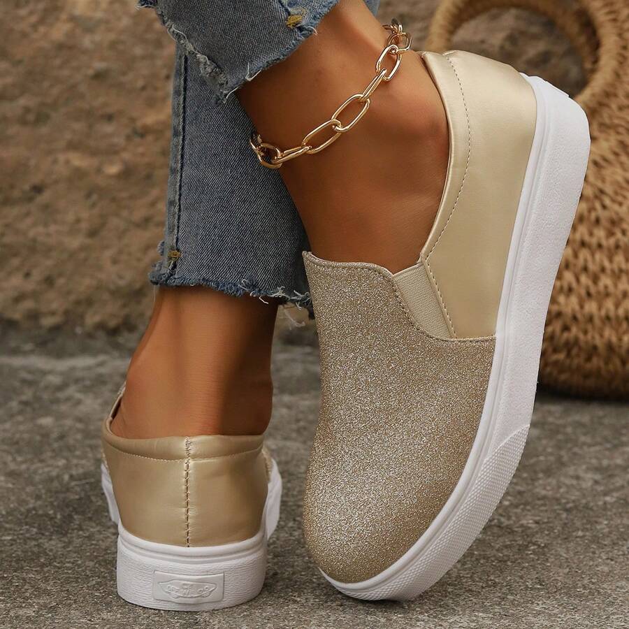 Women's Loafer Slip On Shoes Flats Sneakers Memory Foam Casual Comfort Glitter - Vàng - Xem 1