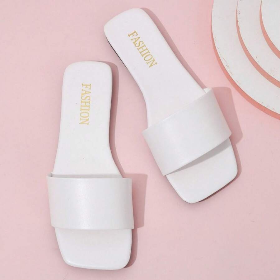 Women's Simple Square Toe Open Toe Flat Sandals Single Strap Flat Non Slip Sandals - 白色 - 查看 1