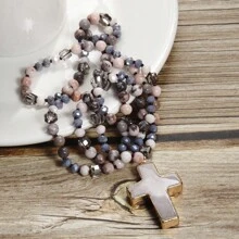 1pc Springtime Fashion Bohemia Style Natural Stone & Glass Beads Knotted Necklace With Cross Pendant, For Sweater Chain