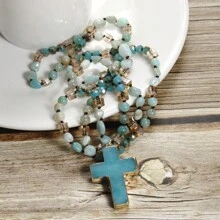 1pc Springtime Fashion Bohemia Style Natural Stone & Glass Beads Knotted Necklace With Cross Pendant, For Sweater Chain