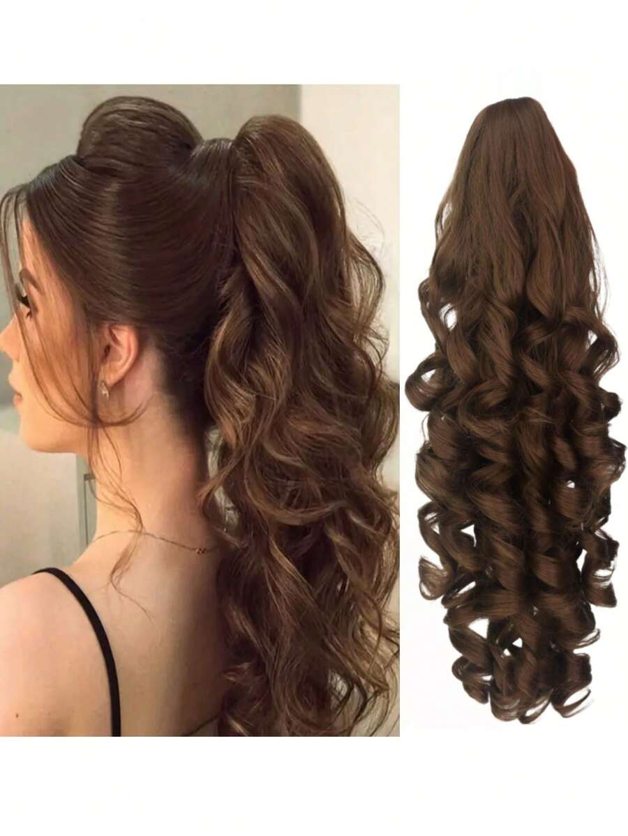 Brown Synthetic Ponytail Extension Extra Long Wavy Claws Clip Ponytail Braid Wave Curl Hair Clip Hairpiece For Women's Daily & Party Use