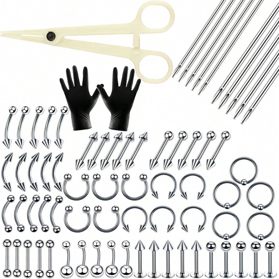 72Pcs/Sets Piercing Kit For Body Piercings With Piercing Tools For Eyebrow Nose Ear Septum Belly Button Lip Tongue Cartilage And More With 12G 13G 14G Mix Random Piercing Needles - Silver - View 1