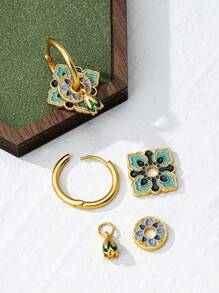 1对铜合金马卡龙系列彩色珐琅四叶草和几何图案耳环，时尚百搭女士耳环，可自由组合DIY耳环，母亲节和圣诞节礼物 - 藍蓮蓬款 - 查看 4