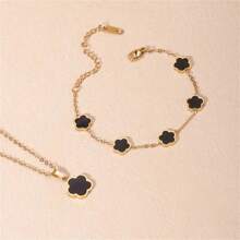 1 Set Exquisite Lucky Clover Jewelry Set - 18K Gold Plated, Acrylic Mosaic, 304L Stainless Steel Flower Bracelet And Pendant Necklace Set, Ideal Gift For Girls And Friends, Fashion Accessory Suitable For Any Occasion Valentines